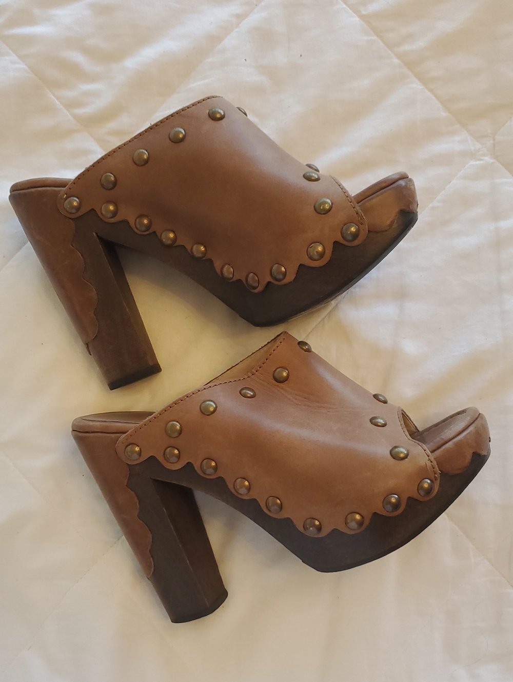 Stuart Weitzman Tan Leather Studded Platform Mules